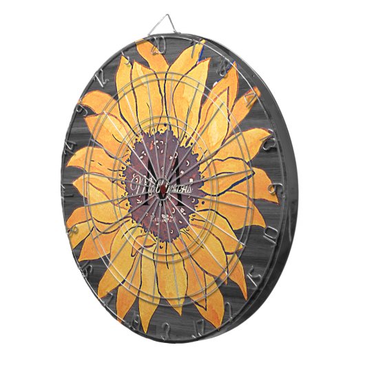 Rustikales Holz Sonnenblumen Grau und Gelb Dartscheibe (Vorderseite rechts)