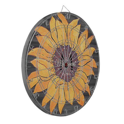 Rustikales Holz Sonnenblumen Grau und Gelb Dartscheibe (Vorderseite Links)