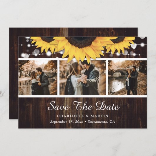 Rustikales Holz Sonnenblumen Hochzeitssemble Foto Save The Date (Vorne/Hinten)