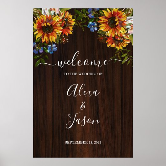 Rustikales Holz Sonnenblumen Land Hochzeit Willkom Poster (Vorne)