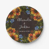 Rustikales Holz Sonnenblumen Land Hochzeitsplatz Pappteller (Vorderseite)