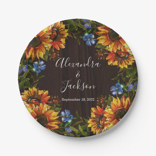 Rustikales Holz Sonnenblumen Land Hochzeitsplatz Pappteller (Vorderseite)
