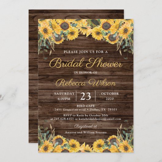 Rustikales Holz Sonnenblumen Land Stall Brautparty Einladung (Vorne/Hinten)