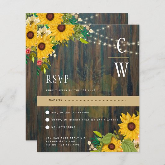 Rustikales Holz Sonnenblumen Lichter Hochzeit RSVP (Vorne/Hinten)
