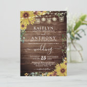 Rustikales Holz Sonnenblumen Lichter Mason Jars Ho Einladung (Stehend Vorderseite)