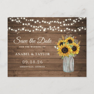 Rustikales Holz Sonnenblumen Mason Jar Save the Da Ankündigungspostkarte