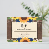 Rustikales Holz Sonnenblumen Navy Blue Rose Hochze RSVP Karte (Stehend Vorderseite)