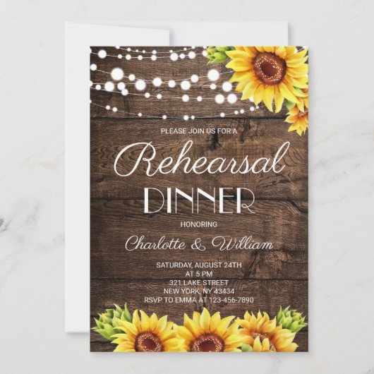 Rustikales Holz-Sonnenblumen-Probedinner Einladung (Vorderseite)