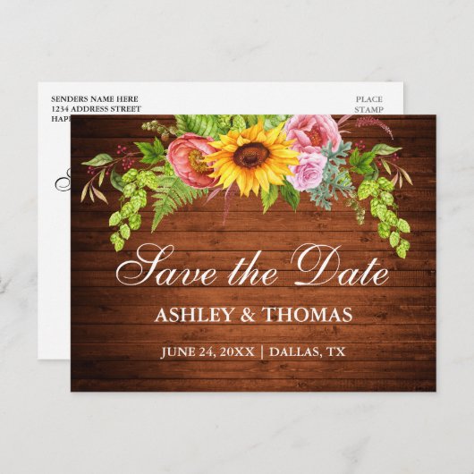 Rustikales Holz Sonnenblumen Save the Date Einladungspostkarte (Vorne/Hinten)
