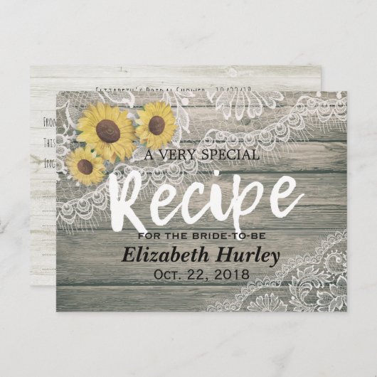 Rustikales Holz Sonnenblumen Spitzen Brautparty Re Einladungspostkarte (Vorne/Hinten)