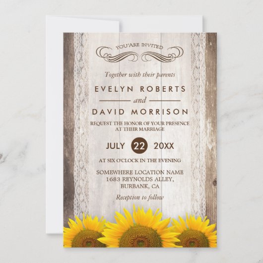 Rustikales Holz Sonnenblumen Spitzen Western Barn Einladung (Vorderseite)
