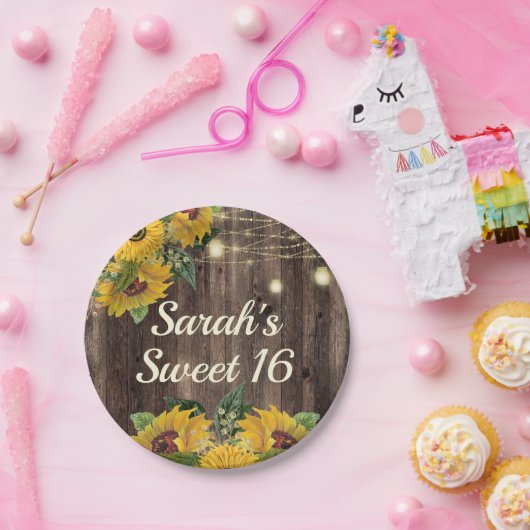 Rustikales Holz Sonnenblumen Streichelleuchten Süß Pappteller (Party)