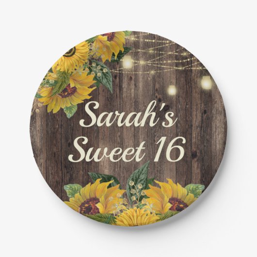 Rustikales Holz Sonnenblumen Streichelleuchten Süß Pappteller (Vorderseite)