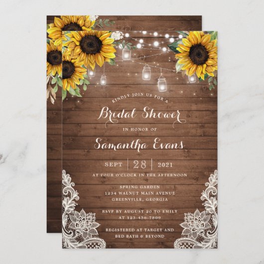 Rustikales Holz Sonnenblumen String Light Lace Mas Einladung (Vorne/Hinten)