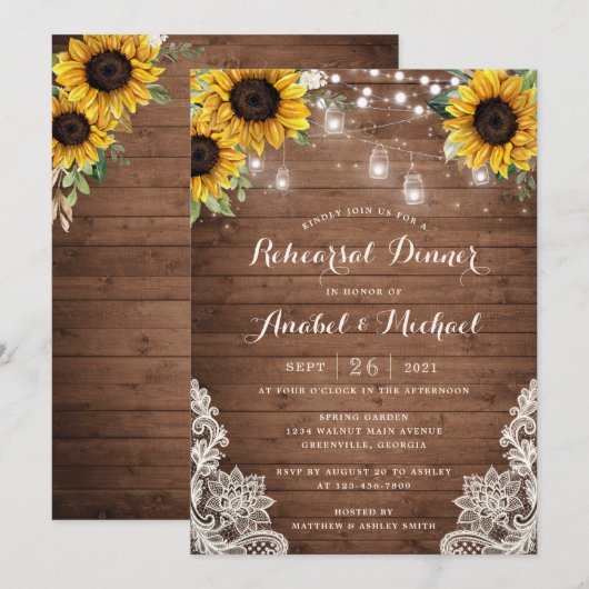 Rustikales Holz Sonnenblumen String Light Lace Mas Einladung (Vorne/Hinten)