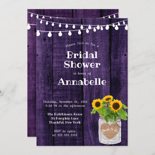 Rustikales Holz Sonnenblumen String Lights Brautpa Einladung (Vorne/Hinten)