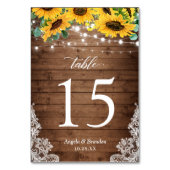 Rustikales Holz Sonnenblumen String Lights Hochzei Tischnummer (Vorderseite)