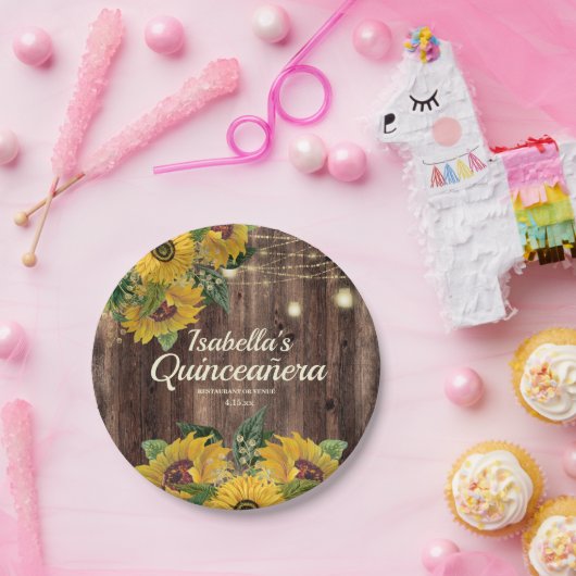 Rustikales Holz Sonnenblumen String Lights Quincea Pappteller (Party)