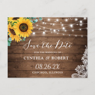 Rustikales Holz Sonnenblumenleuchten Save the Date Postkarte