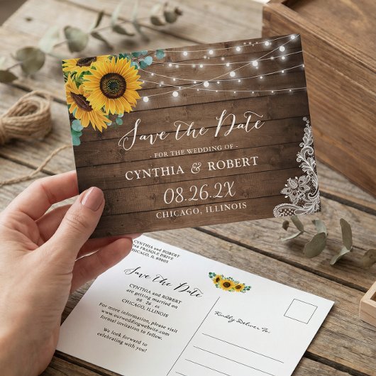 Rustikales Holz Sonnenblumenleuchten Save the Date Postkarte
