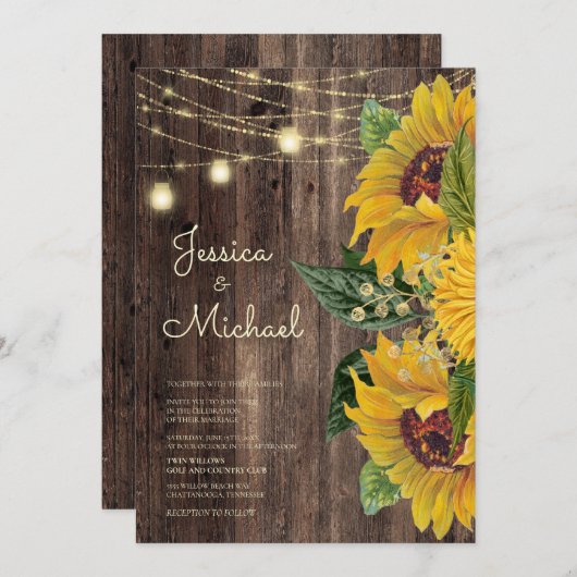 Rustikales Holz Sonnenblumenstrandlicht Hochzeit Einladung (Vorne/Hinten)