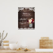 Rustikales Holz Spitzen Blütendusche Hochzeitszeic Poster (Küche)