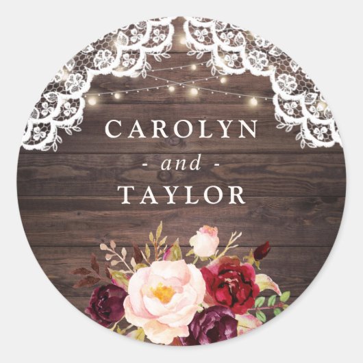 Rustikales Holz Spitzen Burgund Siegel Sticker (Vorderseite)