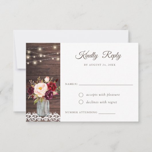 Rustikales Holz Spitzen Burgundy Mason Jar UAWG Einladung (Vorderseite)