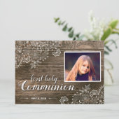 Rustikales Holz Spitzen Erste Kommunion Foto Einla Einladung (Stehend Vorderseite)