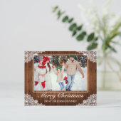 Rustikales Holz & Spitzen Foto Frohe Weihnachtsgrü Ankündigungspostkarte (Stehend Vorderseite)