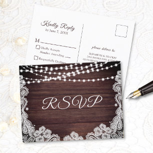 Rustikales Holz-Spitzen-Lichter Hochzeit RSVP Einladungspostkarte