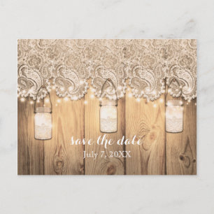 Rustikales Holz Spitzen & Lighted Mason Jar Save t Ankündigungspostkarte