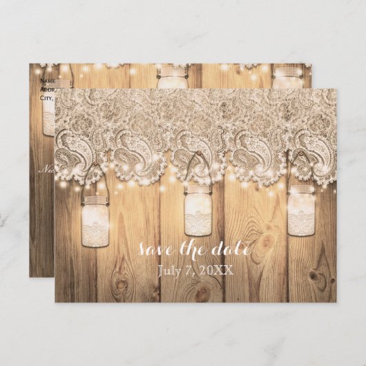 Rustikales Holz Spitzen & Lighted Mason Jar Save t Ankündigungspostkarte (Vorne/Hinten)