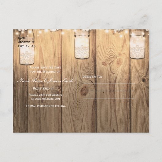 Rustikales Holz Spitzen & Lighted Mason Jar Save t Ankündigungspostkarte (Rückseite)