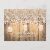 Rustikales Holz Spitzen & Lighted Mason Jar Save t Ankündigungspostkarte (Vorderseite)