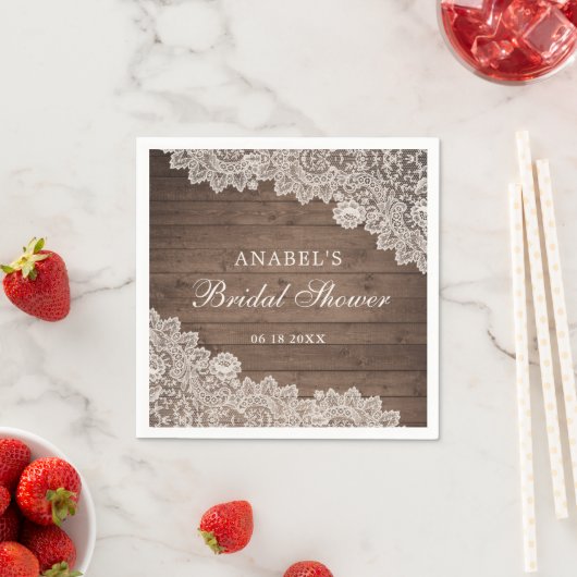 Rustikales Holz Spitzen Personalisiertes Brautpart Serviette (Beispiel)