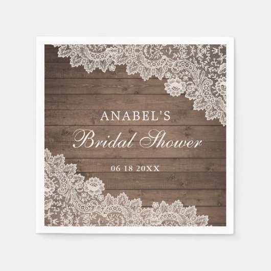 Rustikales Holz Spitzen Personalisiertes Brautpart Serviette (Vorderseite)
