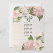 Rustikales Holz Spitzen Rose Hydrangea Tischliste Einladung (Rückseite)