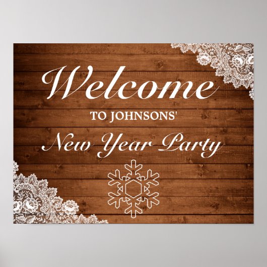 Rustikales Holz & Spitzen Schneeflocke Neujahr Beg Poster (Vorne)