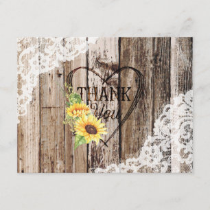 Rustikales Holz Spitzen Sonnenblumen Herz Etching  Dankeskarte