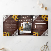 Rustikales Holz Spitzen Sonnenblumen Streichellich Dreifach Gefaltete Einladung (Innenseite)