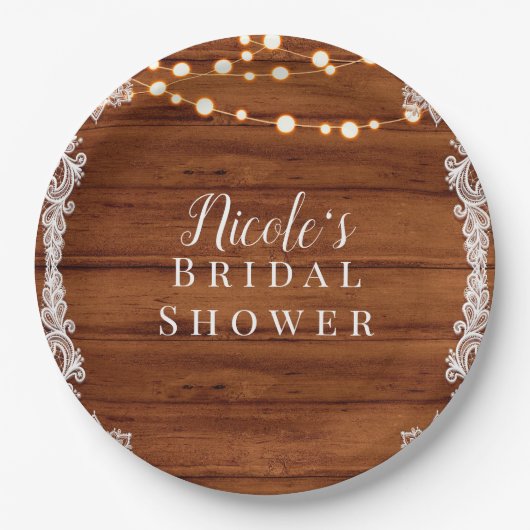 Rustikales Holz-Spitzen- & Streichellichter Hochze Pappteller (Vorderseite)