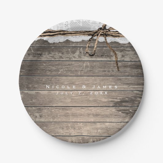 Rustikales Holz-Spitzen-Twine Romantische Hochzeit Pappteller (Vorderseite)