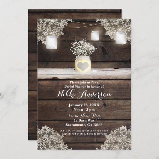 Rustikales Holz, Spitzen und Mason Jars Barn Braut Einladung (Vorne/Hinten)