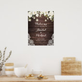 Rustikales Holz Spitzen Weiße Blume Hochzeit Begrü Poster (Küche)