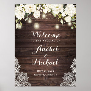 Rustikales Holz Spitzen Weiße Blume Hochzeit Begrü Poster