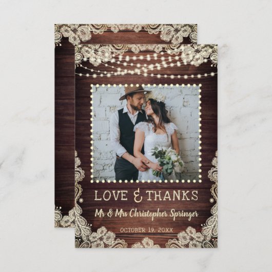 Rustikales Holz Spitzenlichter Hochzeit Vielen Dan Dankeskarte (Vorne/Hinten)