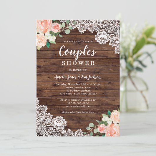 Rustikales Holz Spitzenpaare Polterabend Einladung (Stehend Vorderseite)