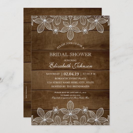 Rustikales Holz Spitzenplatz Elegantes Brautparty Einladung (Vorne/Hinten)