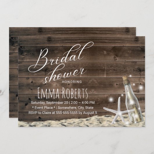 Rustikales Holz Starfish Beach Flasche Brautparty Einladung (Vorne/Hinten)
